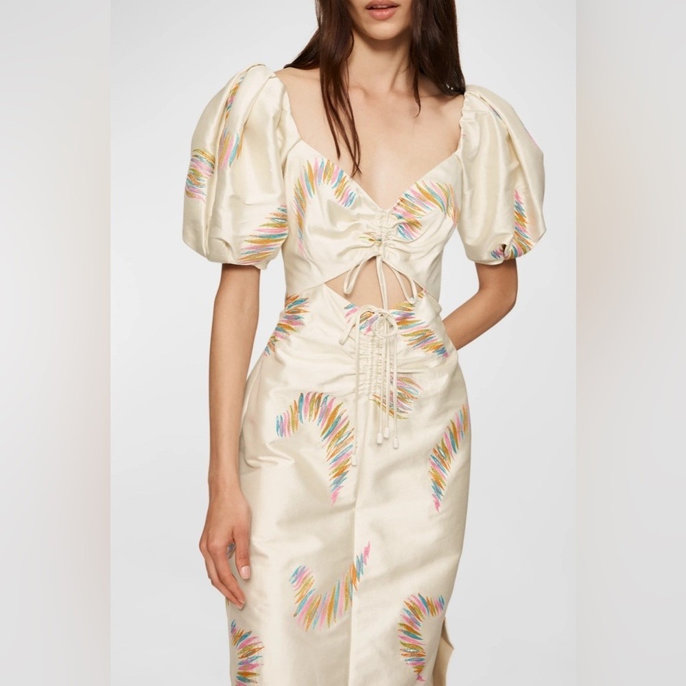 ALEMAIS Emery Embroidered Puff-Sleeve Midi Dress Porcelain Size 2 Cut Out NEW